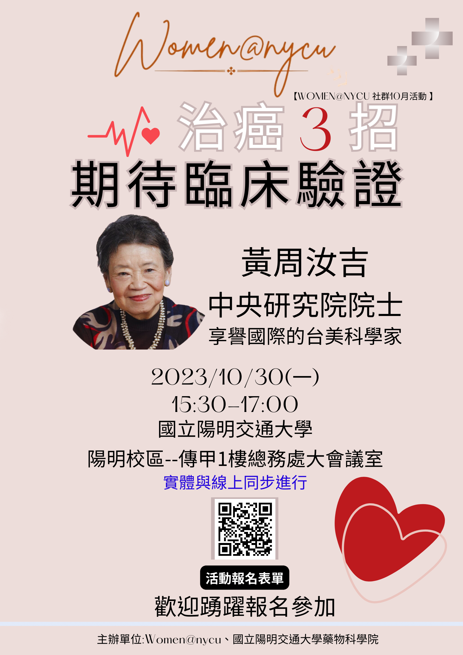 【Women@nycu Community October Event】 You are cordially invited to the speech entitled “Three Strategies for Cancer Treatment, Anticipating Clinical Validation” by academician R.C. Wong.